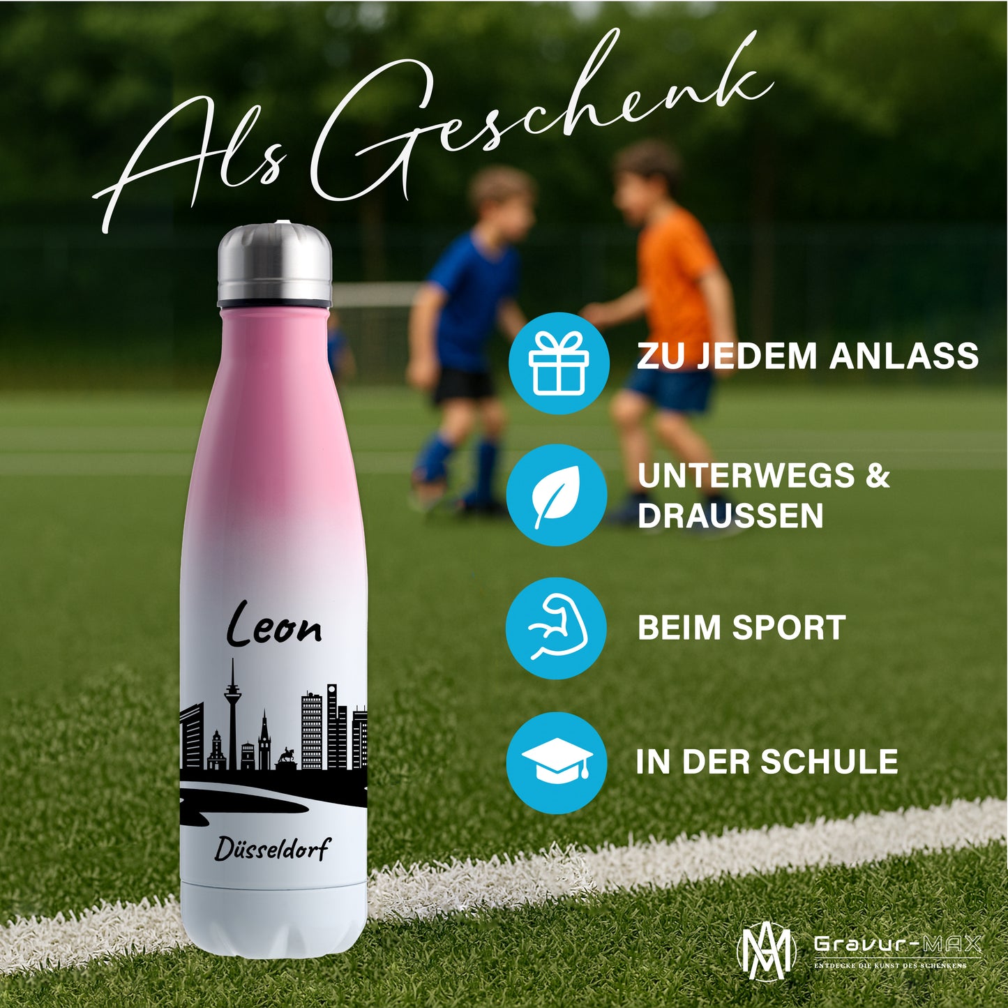Trinkflasche in Weiß/Pink 500ml aus Edelstahl bedruckt mit der Skyline von Düsseldorf personalisierbar mit Wunschname