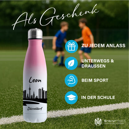 Trinkflasche in Weiß/Pink 500ml aus Edelstahl bedruckt mit der Skyline von Düsseldorf personalisierbar mit Wunschname