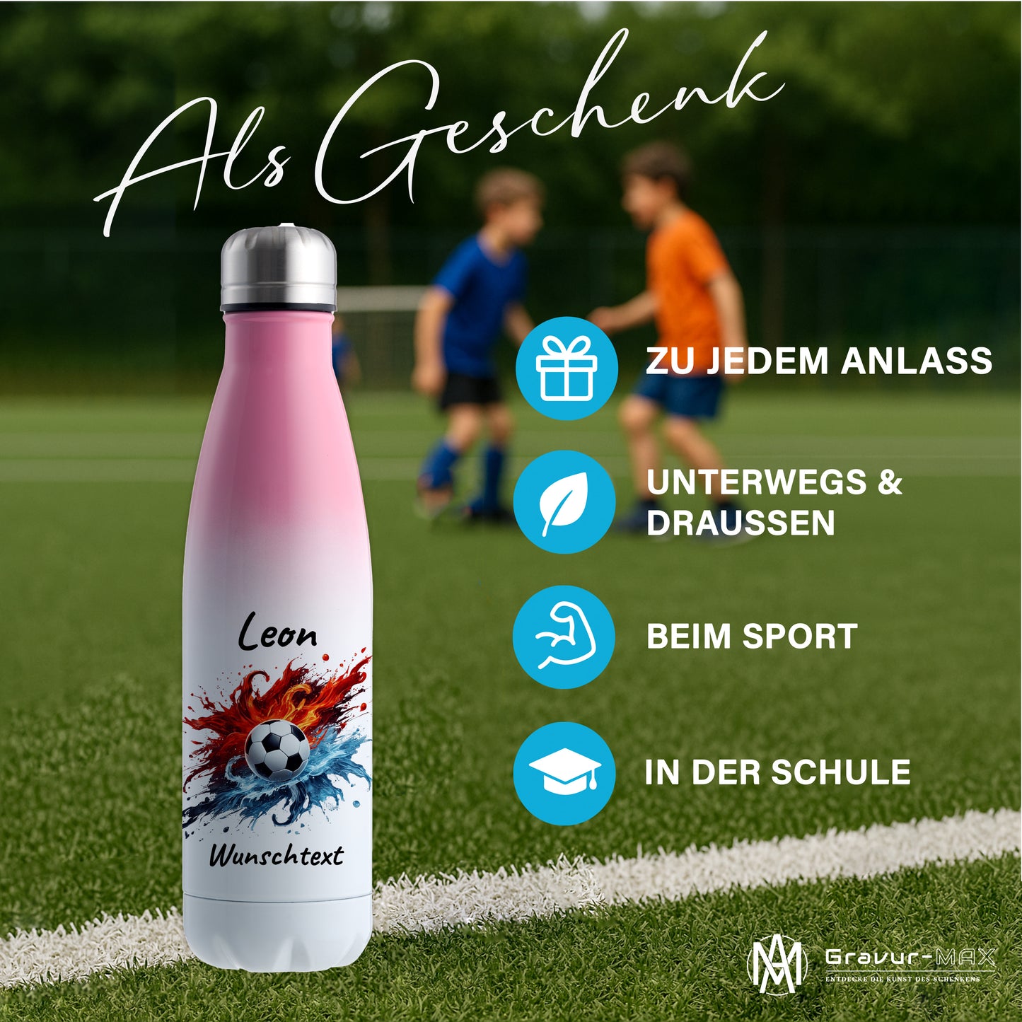 Thermoflasche 500ml in Weiß/Pink aus Edelstahl bedruckt "Fußball" Motiv12 personalisierbar mit Wunschname & Text