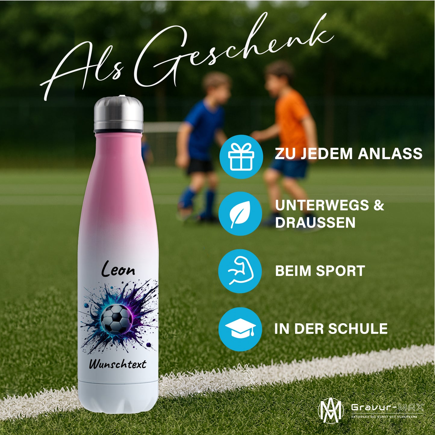 Thermoflasche 500ml in Weiß/Pink aus Edelstahl bedruckt "Fußball" Motiv10 personalisierbar mit Wunschname & Text