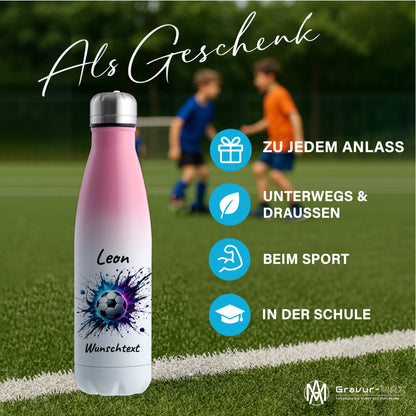 Thermoflasche 500ml in Weiß/Pink aus Edelstahl bedruckt "Fußball" Motiv10 personalisierbar mit Wunschname & Text