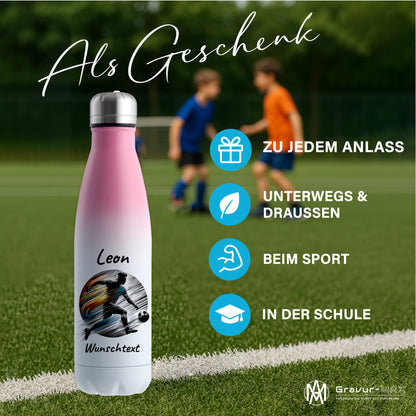 Thermoflasche 500ml in Weiß/Pink aus Edelstahl bedruckt "Fußball" Motiv2 personalisierbar mit Wunschname & Text