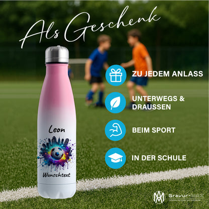 Thermoflasche 500ml in Weiß/Pink aus Edelstahl bedruckt "Fußball" Motiv7 personalisierbar mit Wunschname & Text