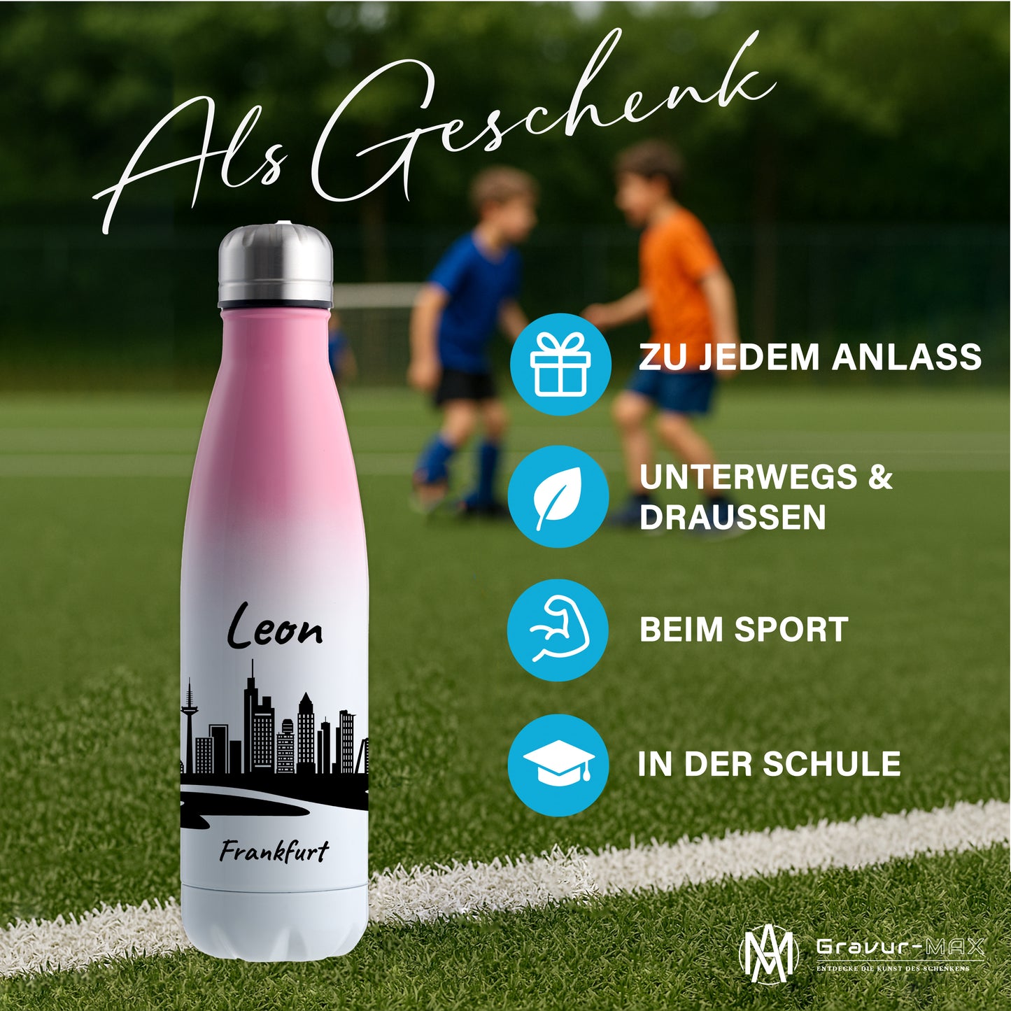 Trinkflasche in Weiß/Pink 500ml aus Edelstahl bedruckt mit der Skyline von Frankfurt personalisierbar mit Wunschname