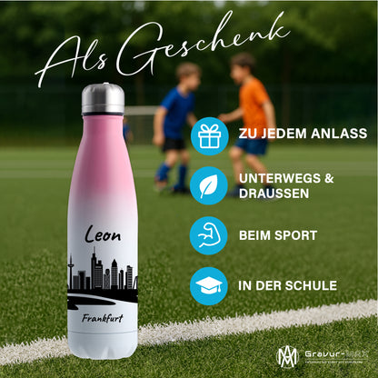 Trinkflasche in Weiß/Pink 500ml aus Edelstahl bedruckt mit der Skyline von Frankfurt personalisierbar mit Wunschname