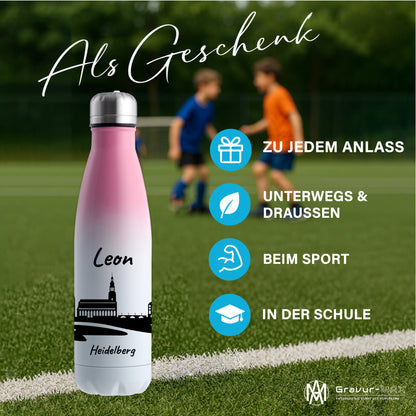 Trinkflasche in Weiß/Pink 500ml aus Edelstahl bedruckt mit der Skyline von Heidelberg personalisierbar mit Wunschname