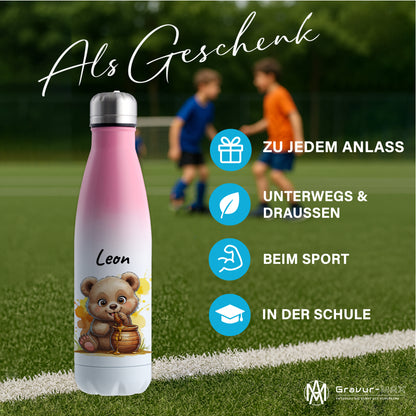 Trinkflasche in Weiß/Pink 500ml aus Edelstahl bedruckt mit niedlichen Tieren "Bär" personalisierbar für Kinder mit Wunschname
