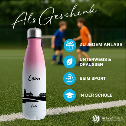 Trinkflasche in Weiß/Pink 500ml aus Edelstahl bedruckt mit der Skyline von Celle personalisierbar mit Wunschname