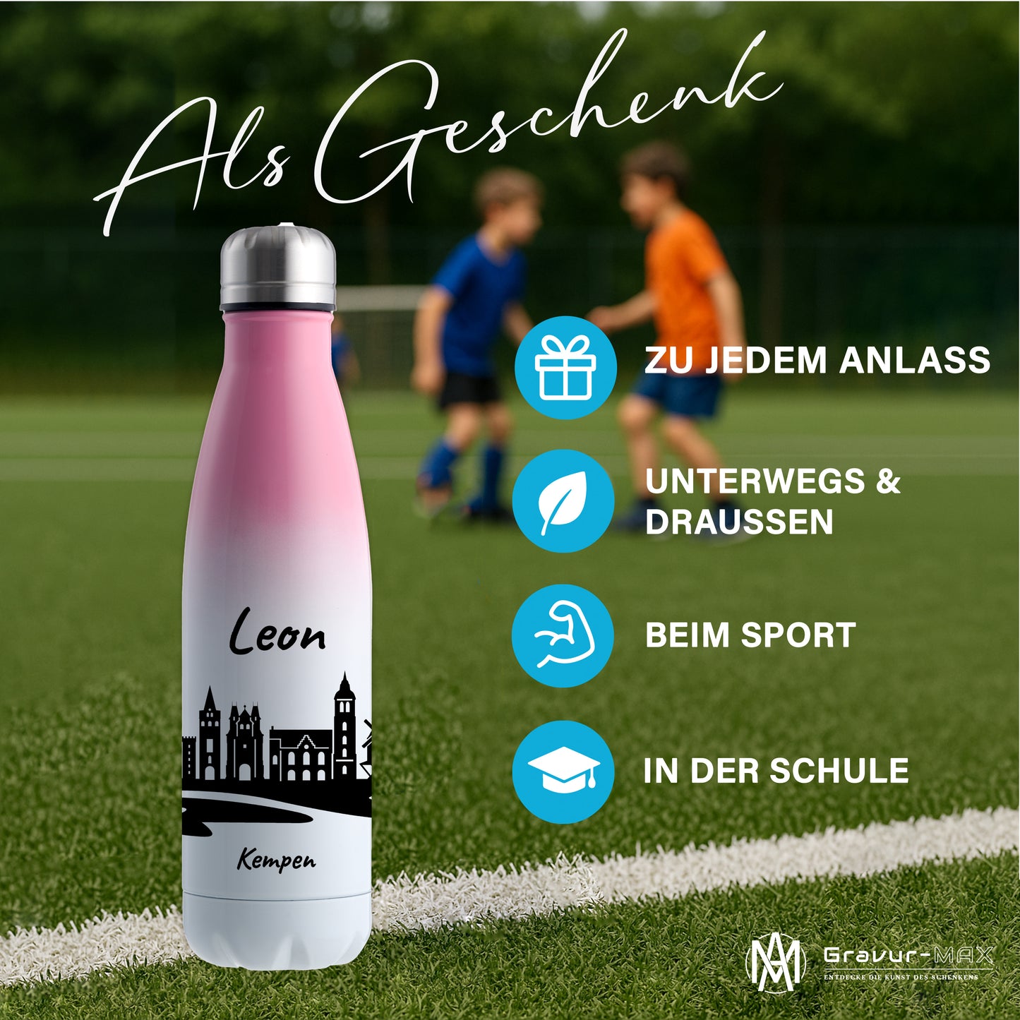 Trinkflasche in Weiß/Pink 500ml aus Edelstahl bedruckt mit der Skyline von Kempen personalisierbar mit Wunschname