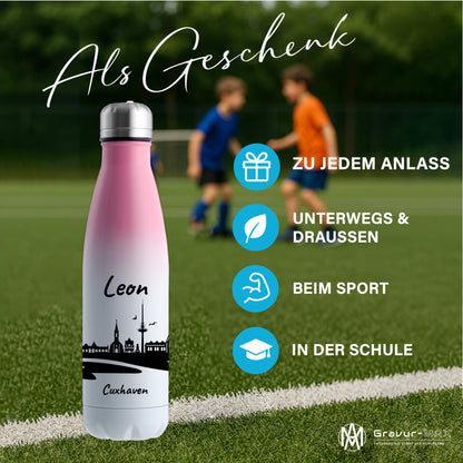 Trinkflasche in Weiß/Pink 500ml aus Edelstahl bedruckt mit der Skyline von Cuxhaven personalisierbar mit Wunschname