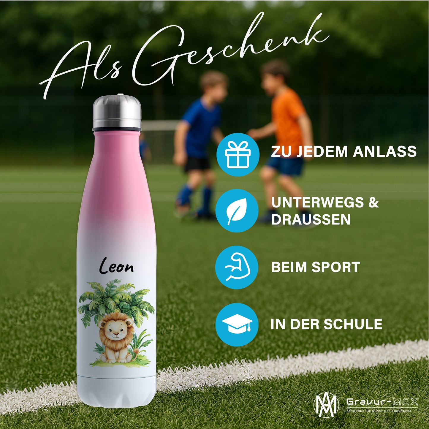 Trinkflasche mit Farbverlauf in Weiß/Pink 500ml aus Edelstahl bedruckt mit Dschungel Tieren"Löwe" personalisierbar für Kinder mit Wunschname