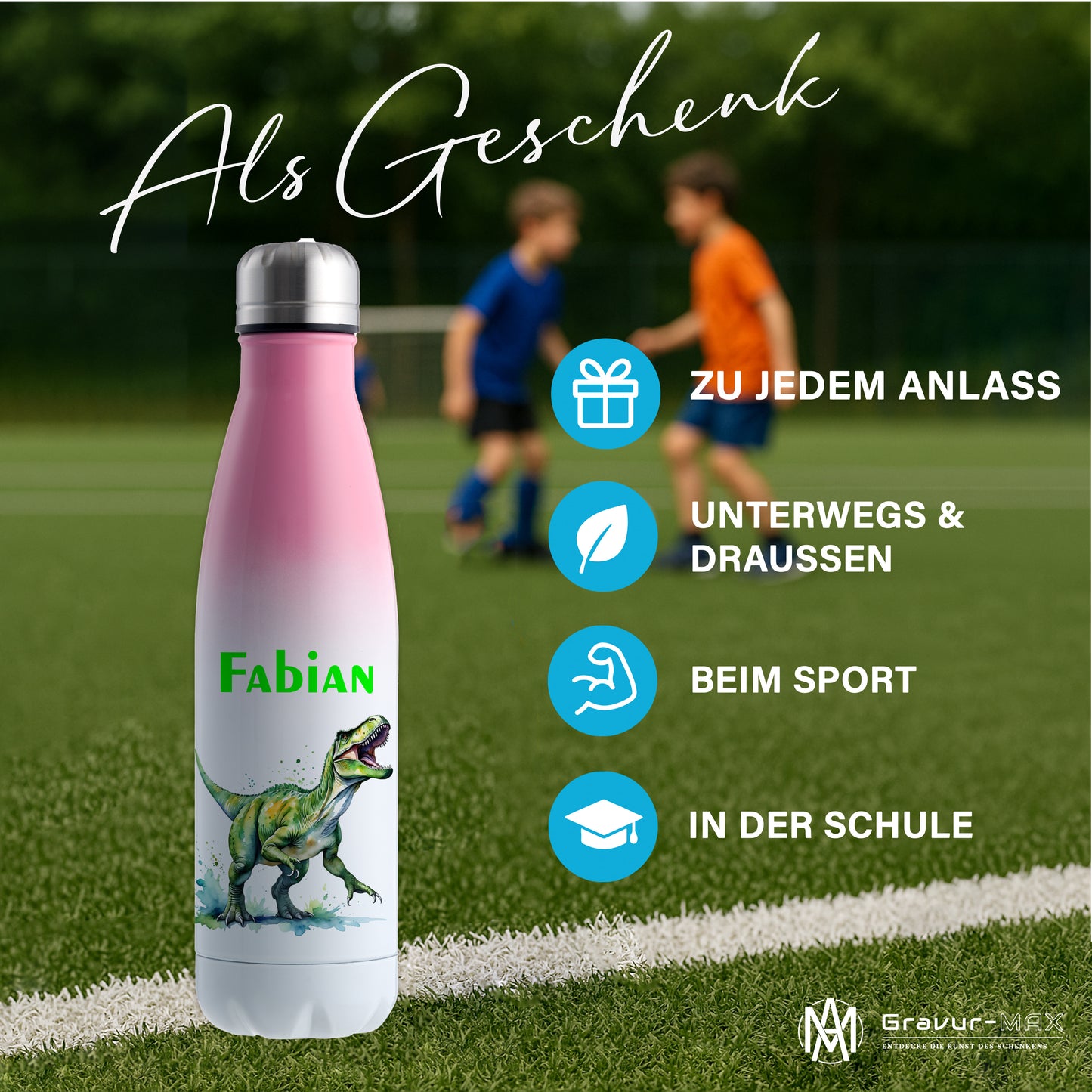 Thermoflasche 500ml in Weiß/Pink bedruckt mit tollen Motiven für Kinder "Dino T-Rex" personalisierbar mit Wunschname