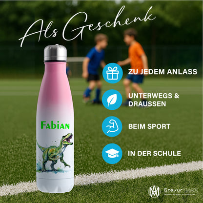 Thermoflasche 500ml in Weiß/Pink bedruckt mit tollen Motiven für Kinder "Dino T-Rex" personalisierbar mit Wunschname