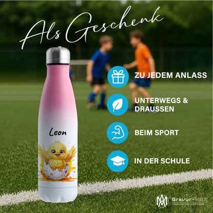 Trinkflasche in Weiß/Pink 500ml aus Edelstahl bedruckt mit niedlichen Tieren "Küken" personalisierbar für Kinder mit Wunschname