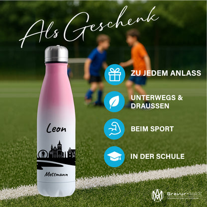 Trinkflasche in Weiß/Pink 500ml aus Edelstahl bedruckt mit der Skyline von Mettmann personalisierbar mit Wunschname
