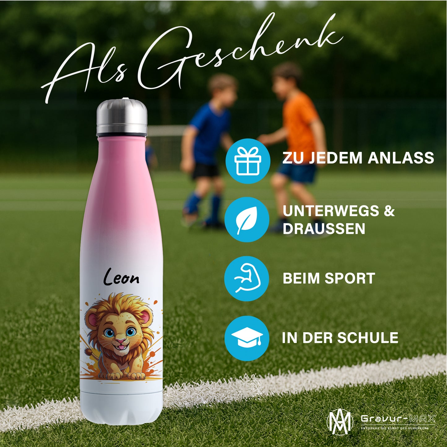 Trinkflasche in Weiß/Pink 500ml aus Edelstahl bedruckt mit niedlichen Tieren "Löwe" personalisierbar für Kinder mit Wunschname