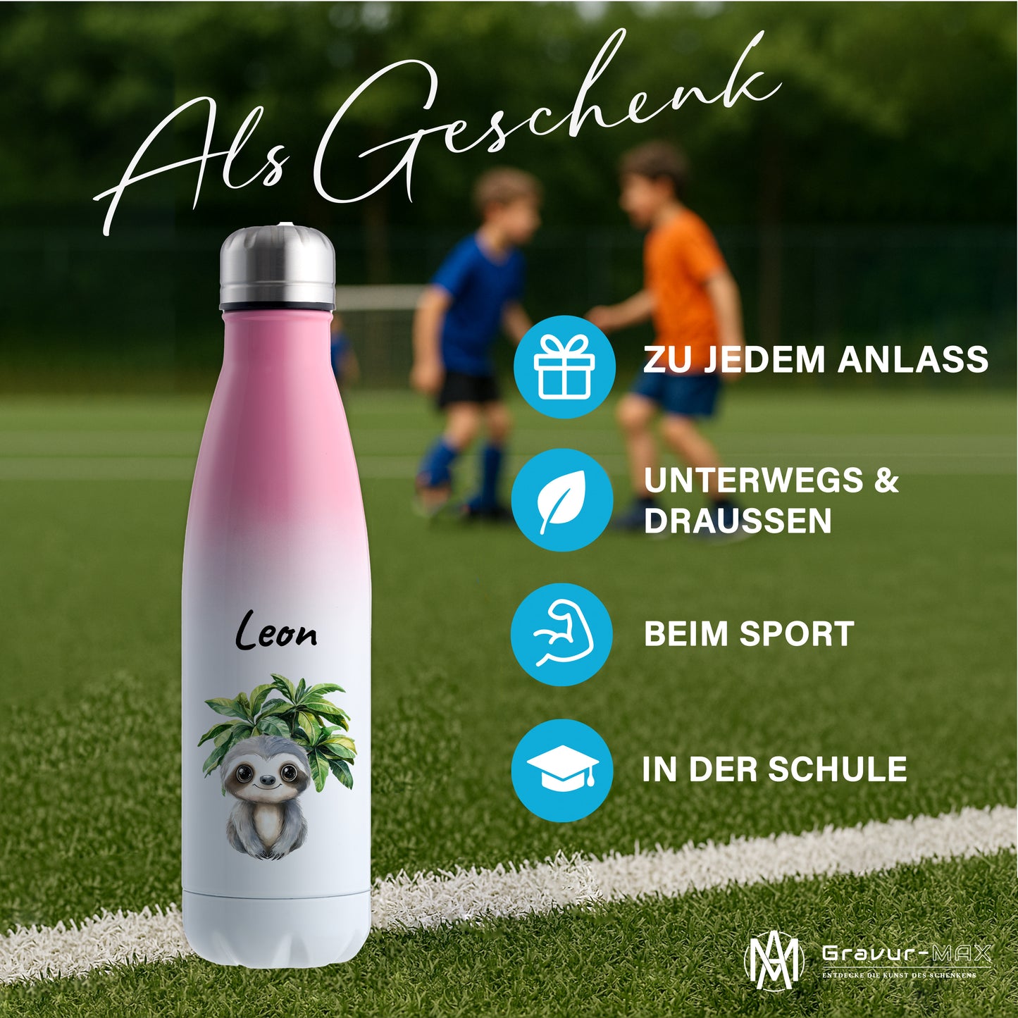 Trinkflasche mit Farbverlauf in Weiß/Pink 500ml aus Edelstahl bedruckt mit Dschungel Tieren"Faultier" personalisierbar für Kinder mit Wunschname