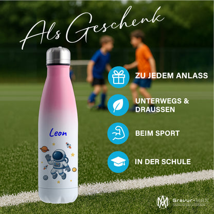 Thermoflasche 500ml in Weiß/Pink bedruckt mit tollen Motiven für Kinder "Astronaut" personalisierbar mit Wunschname