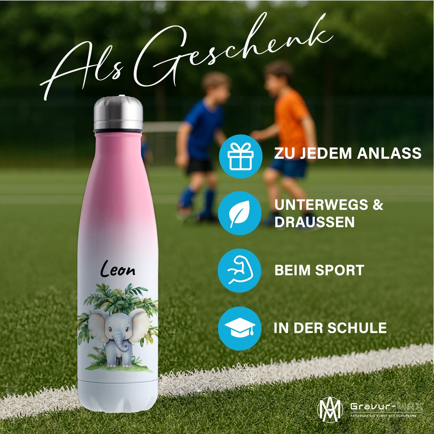 Trinkflasche mit Farbverlauf in Weiß/Pink 500ml aus Edelstahl bedruckt mit Dschungel Tieren"Elefant" personalisierbar für Kinder mit Wunschname