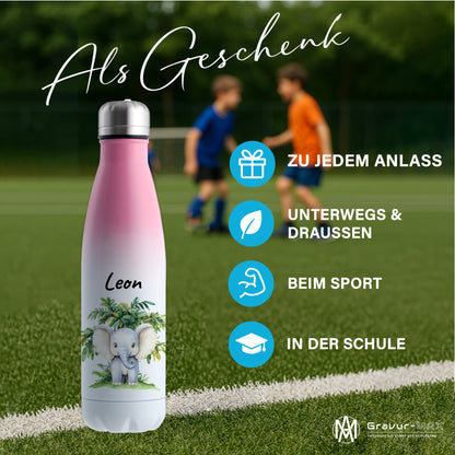 Trinkflasche mit Farbverlauf in Weiß/Pink 500ml aus Edelstahl bedruckt mit Dschungel Tieren"Elefant" personalisierbar für Kinder mit Wunschname