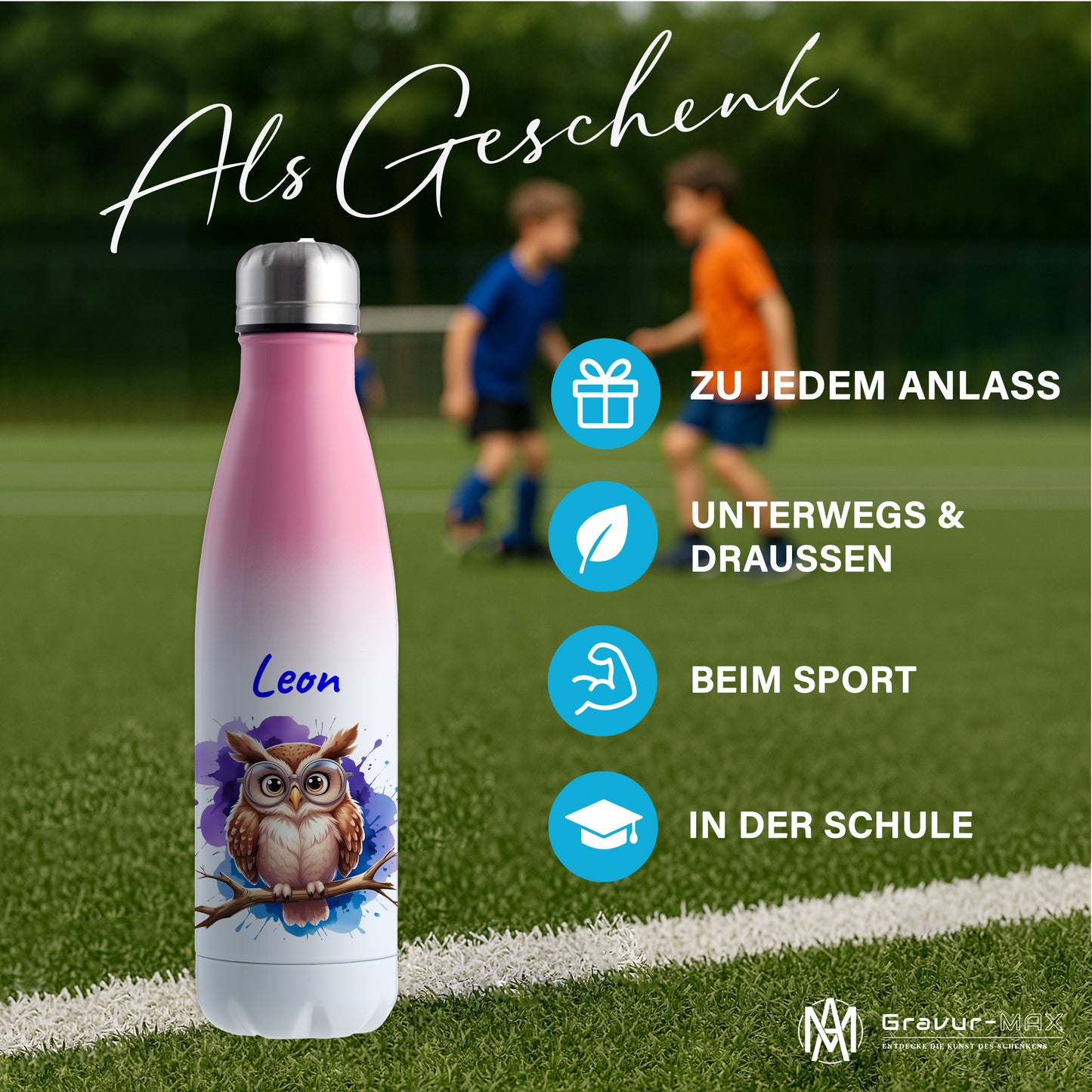 Trinkflasche in Weiß/Pink 500ml aus Edelstahl bedruckt mit niedlichen Tieren "Eule" personalisierbar für Kinder mit Wunschname