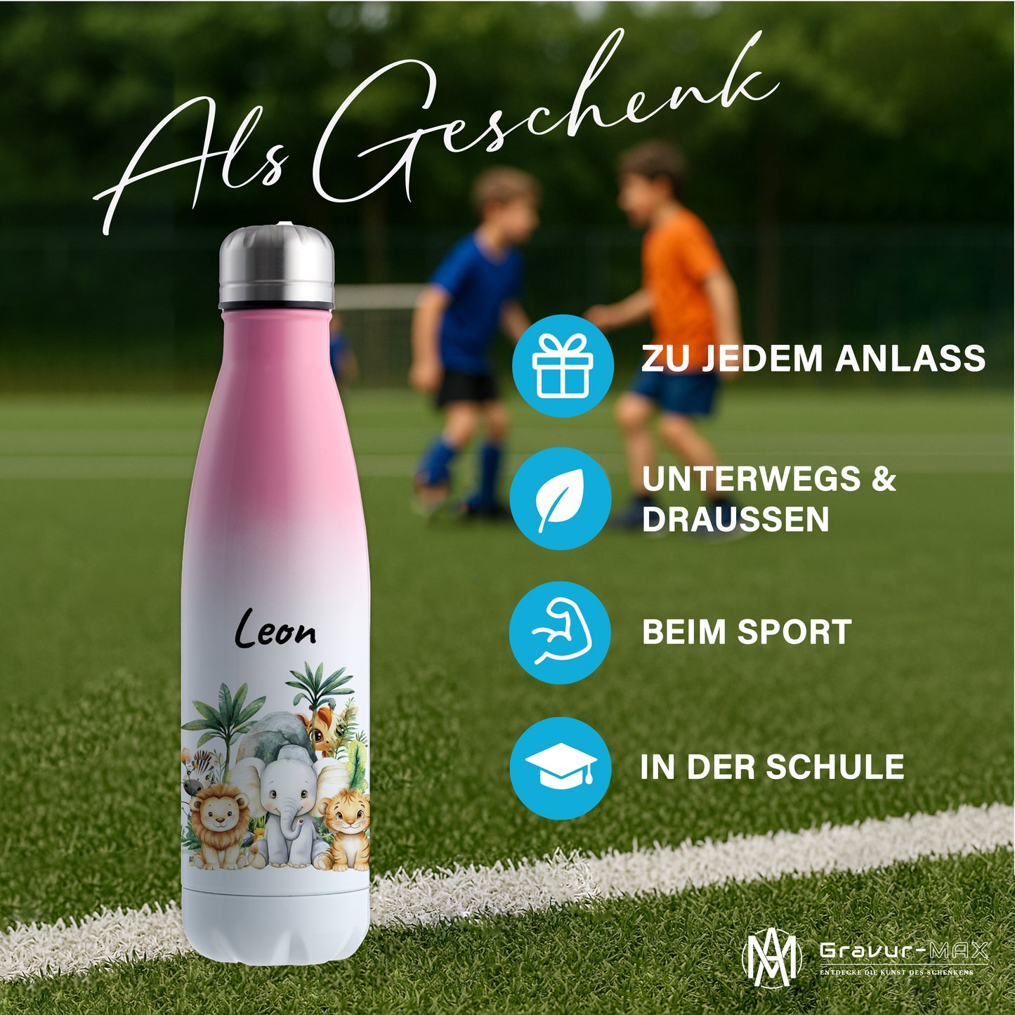 Trinkflasche mit Farbverlauf in Weiß/Pink 500ml aus Edelstahl bedruckt mit Dschungel Tieren"Dschungel Tiere" personalisierbar für Kinder mit Wunschname