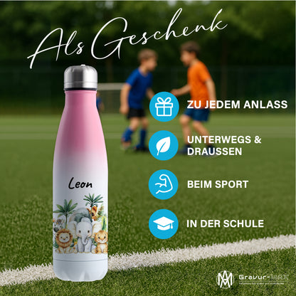 Trinkflasche mit Farbverlauf in Weiß/Pink 500ml aus Edelstahl bedruckt mit Dschungel Tieren"Dschungel Tiere" personalisierbar für Kinder mit Wunschname