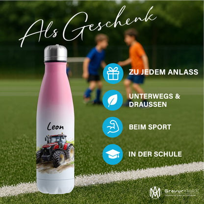 Thermoflasche 500ml in Weiß/Pink bedruckt mit tollen Motiven für Kinder "Traktor" personalisierbar mit Wunschname