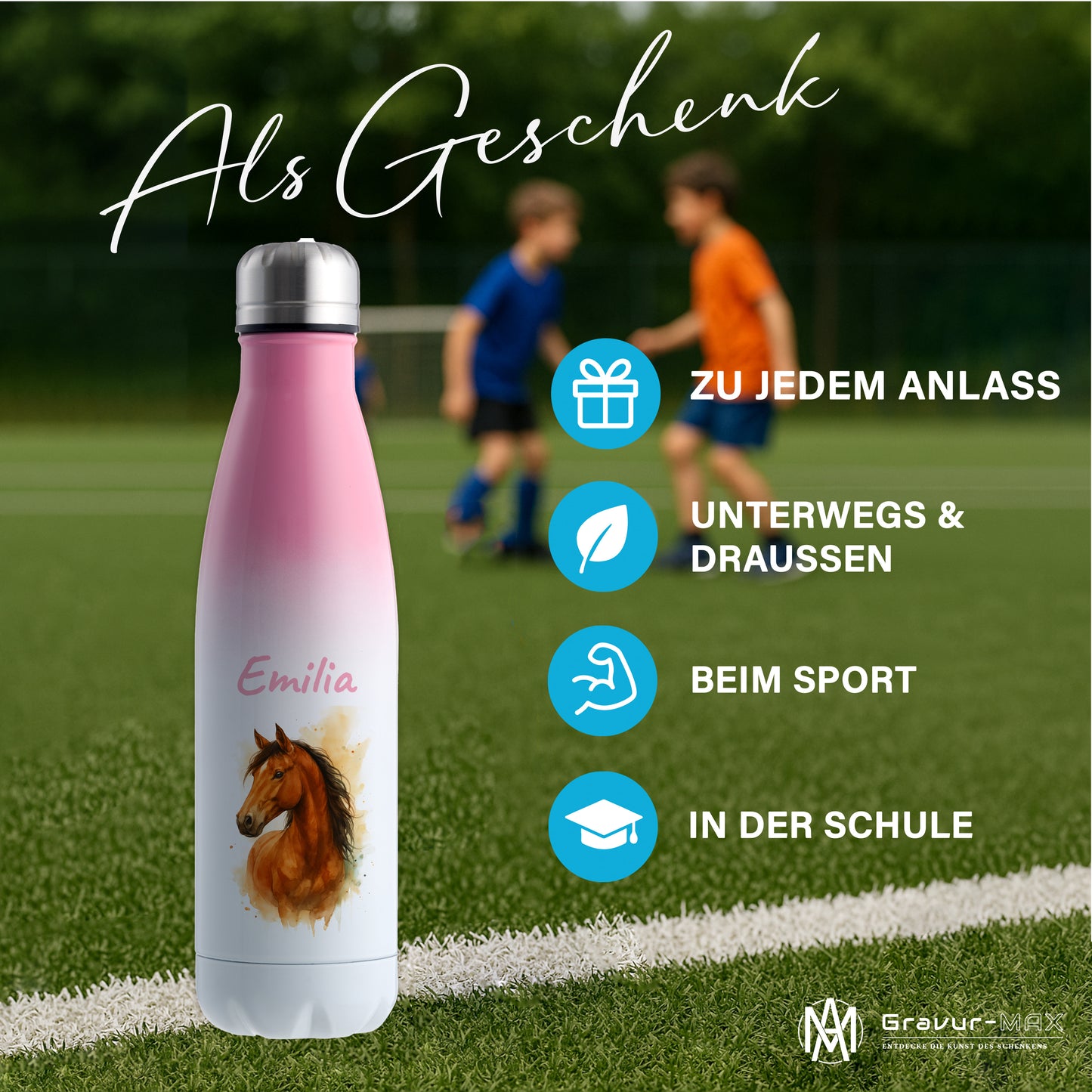 Thermoflasche 500ml in Weiß/Pink bedruckt mit tollen Motiven für Kinder "Pferd" personalisierbar mit Wunschname
