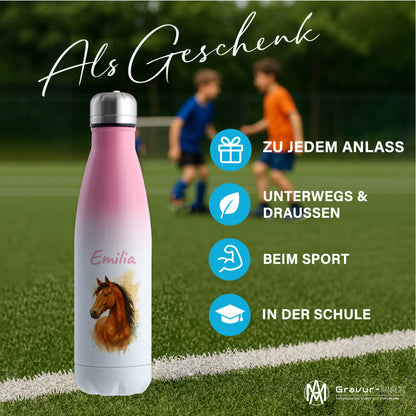 Thermoflasche 500ml in Weiß/Pink bedruckt mit tollen Motiven für Kinder "Pferd" personalisierbar mit Wunschname