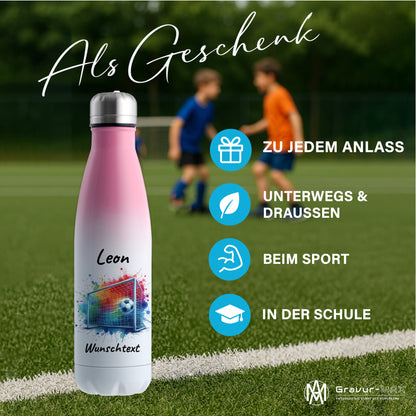 Thermoflasche 500ml in Weiß/Pink aus Edelstahl bedruckt "Fußball" Motiv5 personalisierbar mit Wunschname & Text