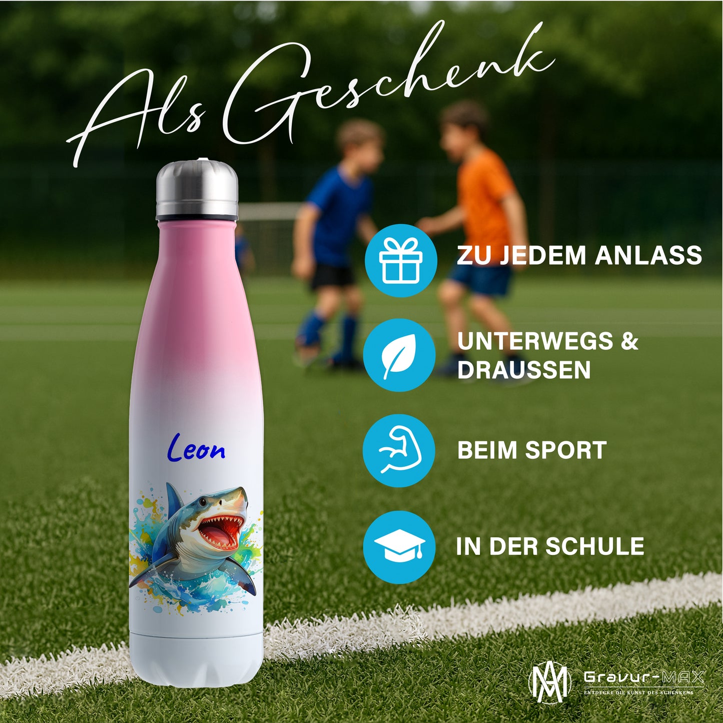 Thermoflasche 500ml in Weiß/Pink bedruckt mit tollen Motiven für Kinder "Hai" personalisierbar mit Wunschname