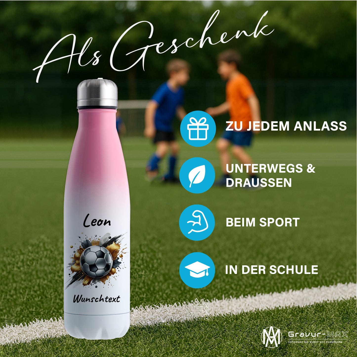 Thermoflasche 500ml in Weiß/Pink aus Edelstahl bedruckt "Fußball" Motiv13 personalisierbar mit Wunschname & Text