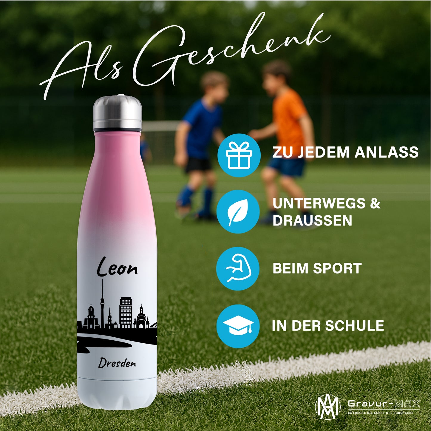 Trinkflasche in Weiß/Pink 500ml aus Edelstahl bedruckt mit der Skyline von Dresden personalisierbar mit Wunschname