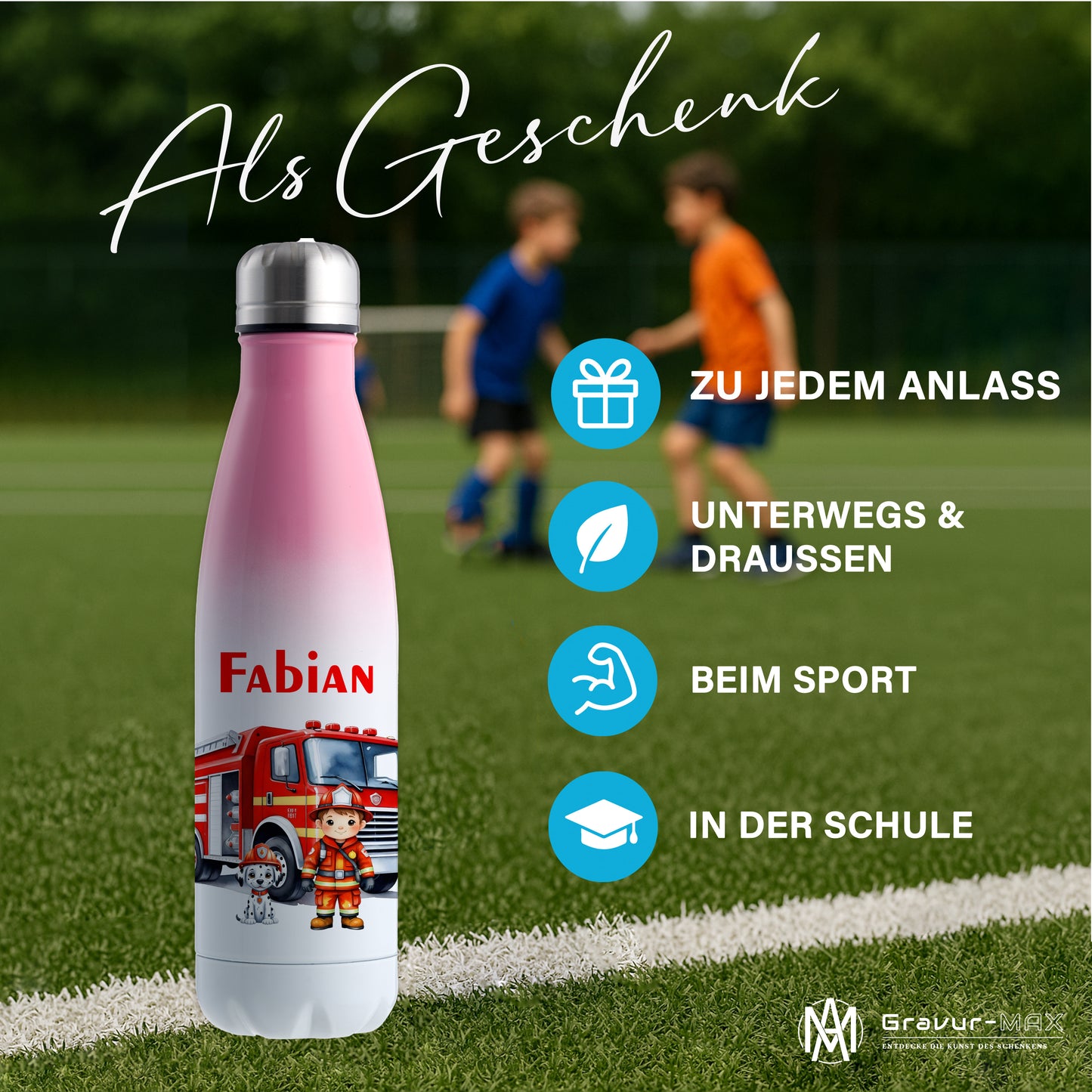Thermoflasche 500ml in Weiß/Pink bedruckt mit tollen Motiven für Kinder "Feuerwehr" personalisierbar mit Wunschname