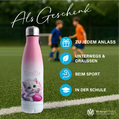 Trinkflasche in Weiß/Pink 500ml aus Edelstahl bedruckt mit niedlichen Tieren "Katze" personalisierbar für Kinder mit Wunschname