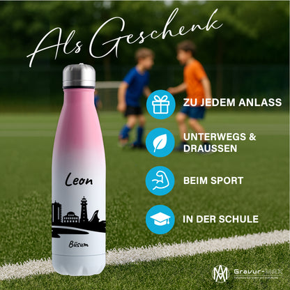 Trinkflasche in Weiß/Pink 500ml aus Edelstahl bedruckt mit der Skyline von Büsum personalisierbar mit Wunschname