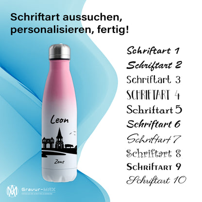 Trinkflasche in Weiß/Pink 500ml aus Edelstahl bedruckt mit der Skyline von Zons (Dormagen) personalisierbar mit Wunschname
