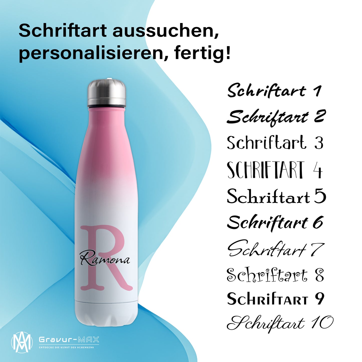 Thermoflasche 500ml aus Edelstahl in Weiß/Pink personalisierbar mit Wunschname auslaufsichere Trinkflasche