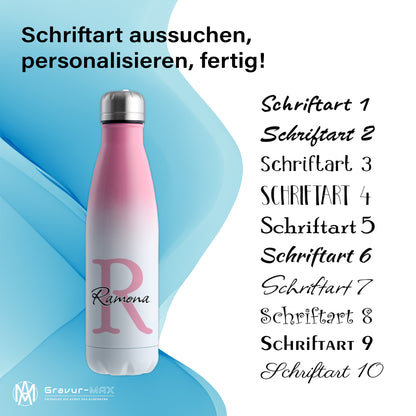 Thermoflasche 500ml aus Edelstahl in Weiß/Pink personalisierbar mit Wunschname auslaufsichere Trinkflasche