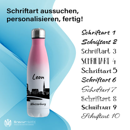 Trinkflasche in Weiß/Pink 500ml aus Edelstahl bedruckt mit der Skyline von Wasserburg personalisierbar mit Wunschname