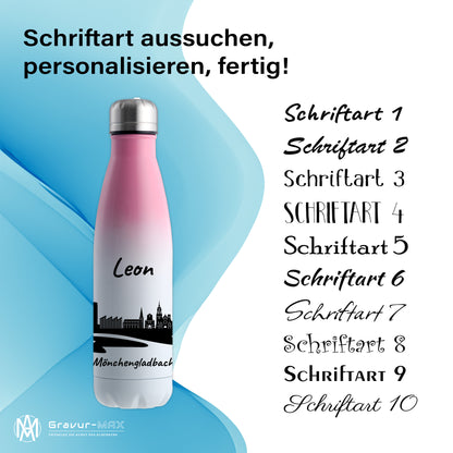 Trinkflasche in Weiß/Pink 500ml aus Edelstahl bedruckt mit der Skyline von Mönchengladbach personalisierbar mit Wunschname