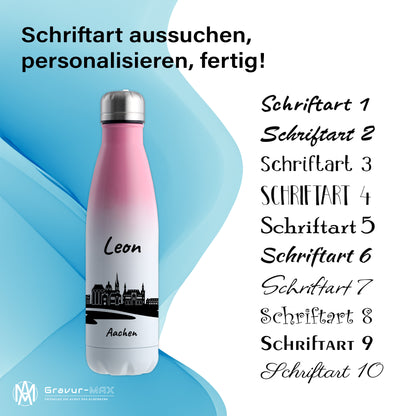 Trinkflasche in Weiß/Pink 500ml aus Edelstahl bedruckt mit der Skyline von Aachen personalisierbar mit Wunschname