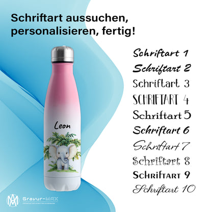 Trinkflasche mit Farbverlauf in Weiß/Pink 500ml aus Edelstahl bedruckt mit Dschungel Tieren"Elefant" personalisierbar für Kinder mit Wunschname
