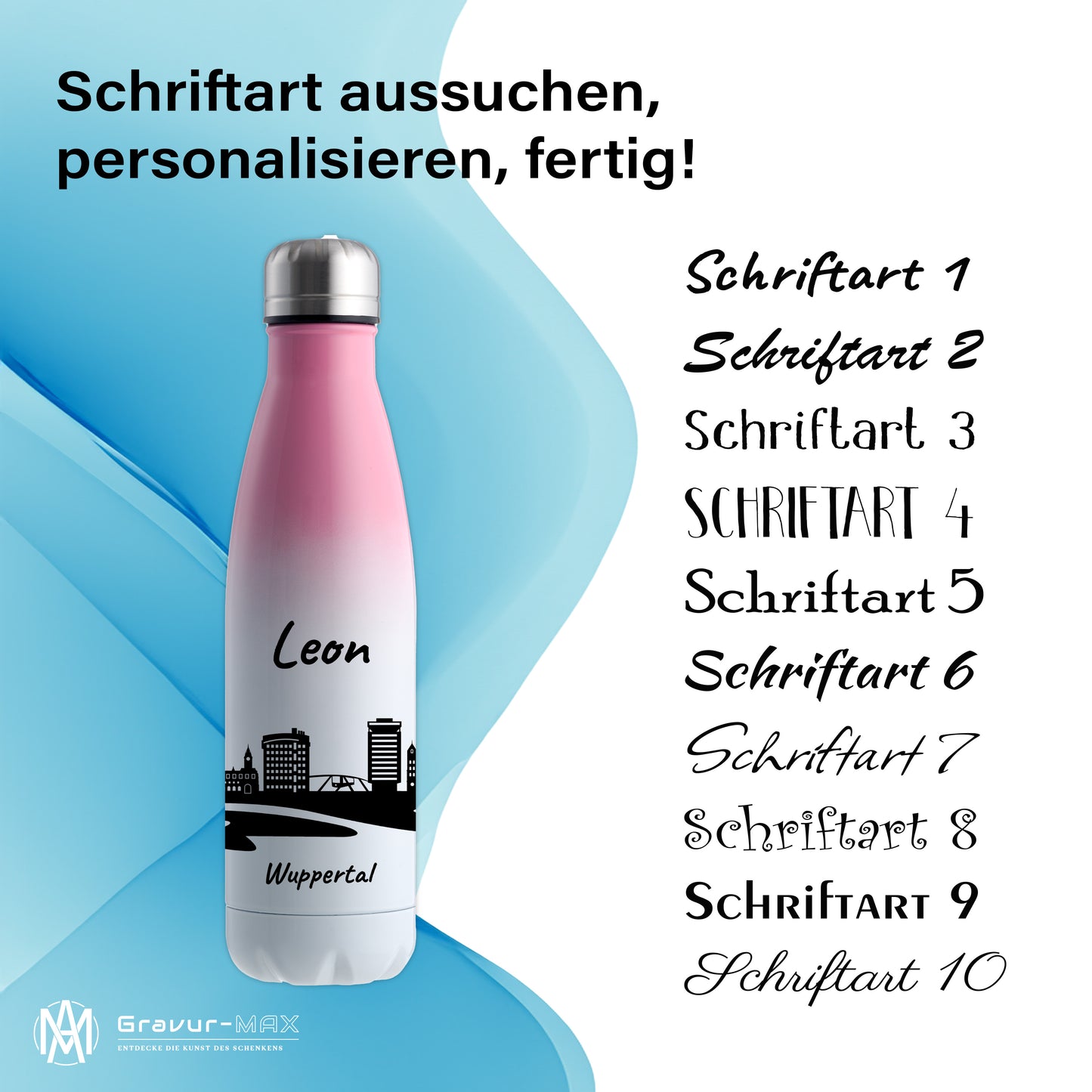 Trinkflasche in Weiß/Pink 500ml aus Edelstahl bedruckt mit der Skyline von Wuppertal personalisierbar mit Wunschname
