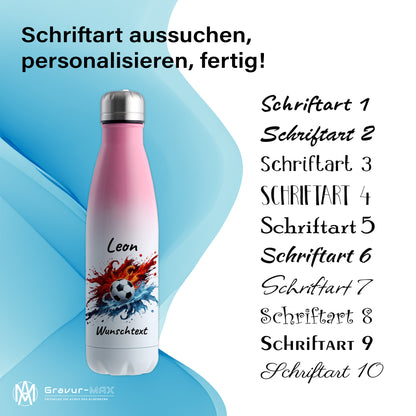 Thermoflasche 500ml in Weiß/Pink aus Edelstahl bedruckt "Fußball" Motiv12 personalisierbar mit Wunschname & Text