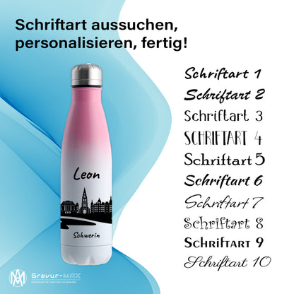 Trinkflasche in Weiß/Pink 500ml aus Edelstahl bedruckt mit der Skyline von Schwerin personalisierbar mit Wunschname