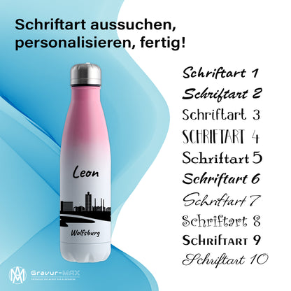 Trinkflasche in Weiß/Pink 500ml aus Edelstahl bedruckt mit der Skyline von Wolfsburg personalisierbar mit Wunschname