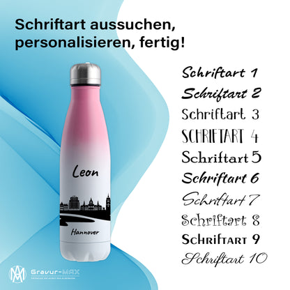 Trinkflasche in Weiß/Pink 500ml aus Edelstahl bedruckt mit der Skyline von Hannover personalisierbar mit Wunschname