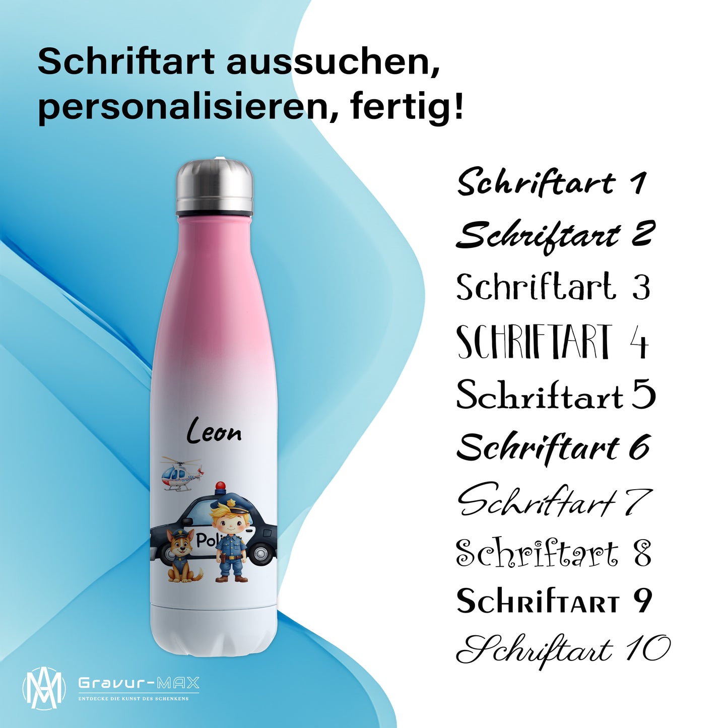 Thermoflasche 500ml in Weiß/Pink bedruckt mit tollen Motiven für Kinder "Polizei" personalisierbar mit Wunschname